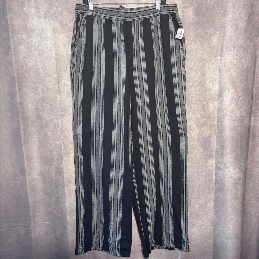 NWT Old Navy Striped Wide Leg Linen Pants Womens Large Tall Black Gray Coastal